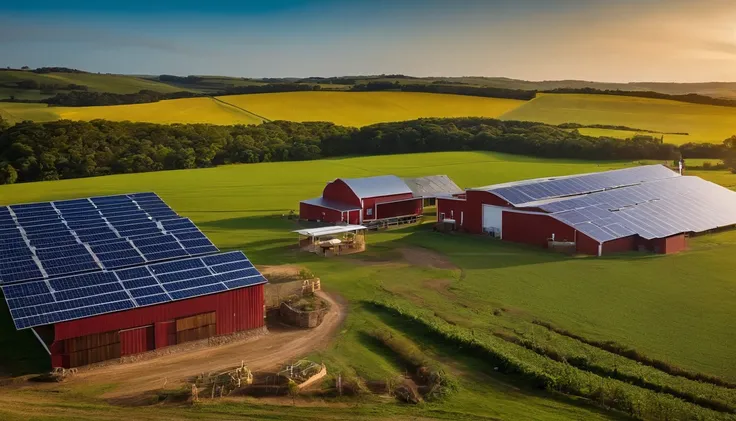 farm with high solar panels, com bovinos pastando em baixo dos paineis solares