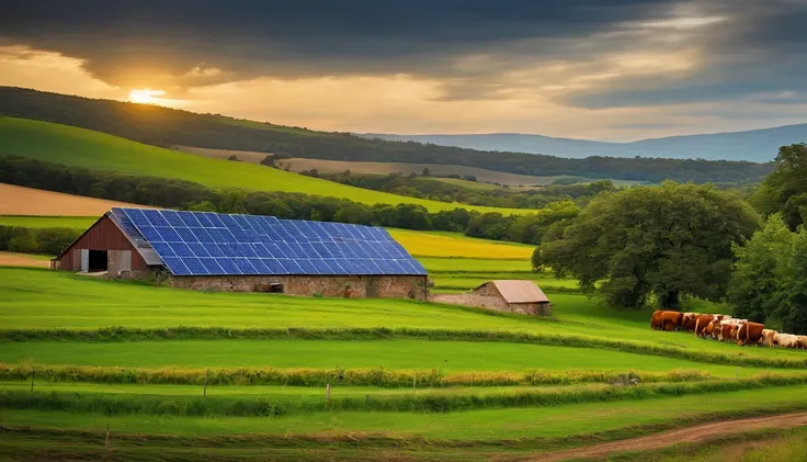 farm with high solar panels, com bovinos pastando em baixo dos paineis solares