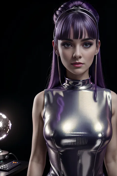 high quality portrait,  RAW photo of young English  woman, Lt Ellis UFO, purple hair bangs, 60s style, retro, silver mesh top, futuristic silver make up, brightly lit moon base command centre background, cumputer boards and communications consoles, natural...