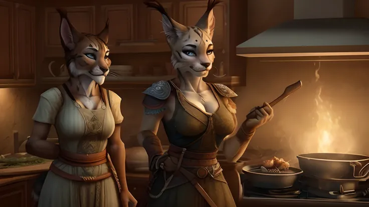 khajiit from "the elder scrolls", woman's, seductive fitness body, grey fur, lynx ears, kitchen, fantasy clothes, cooking