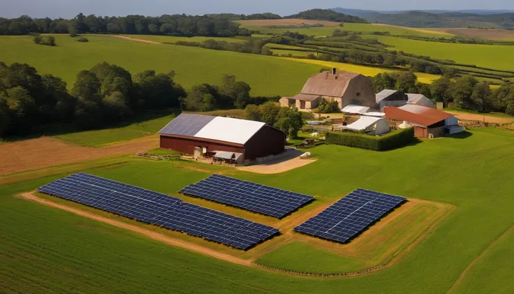 farm with rows of raised solar panels, com bovinos pastando abaixo dos paineis solares