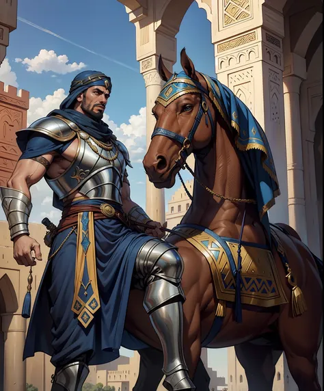 Moroccan warrior muscular wearing full islamic Armor Wear in moroccan environnement islamique architecture environnement hyper realistic super detailed Dynamic shot master piece scene cinématique scènes movie Epic Legendary war