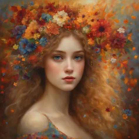 Flowers fall gently atop her hair as the autumn wind ruffles her tresses, masterpiece, best quality