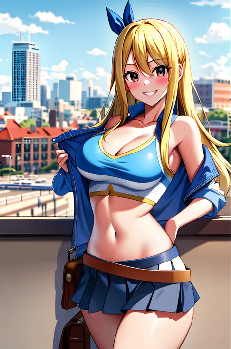 masterpiece, best quality, highres, lucy heartfilia, blonde hair, long hair, large breasts, jacket, crop top, bare shoulder, show stomach, belt, pleated skirt, cowboy shot, standing, looking at viewer, city road, outdoor, modern city road, blush, shy, smil...