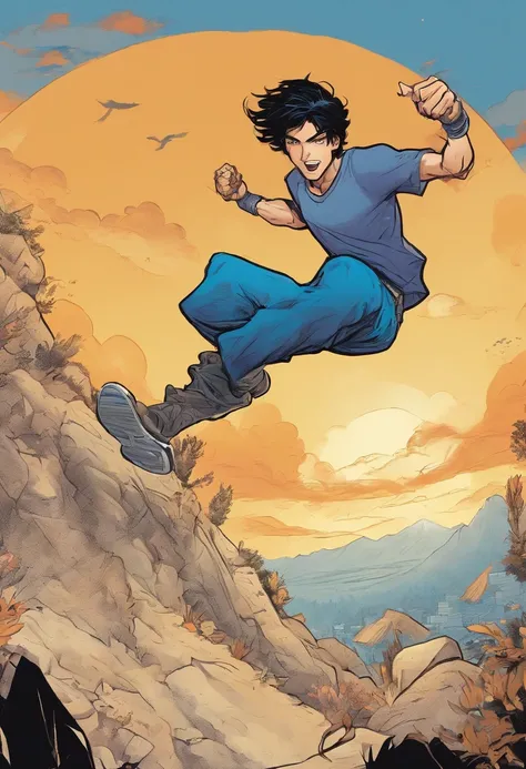 Messy black hair, indigo eyes, birthmark on his right arm with a blue t-shirt and brown pants, jumping off a hill.