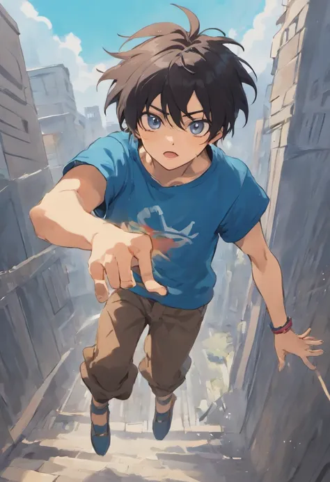 Messy black hair, indigo eyes, birthmark on his right arm with a blue t-shirt and brown pants, jumping off a hill.