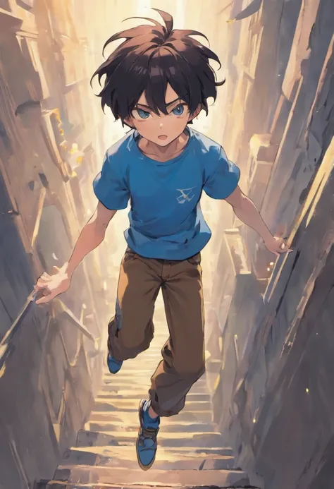 Messy black hair, indigo eyes, birthmark on his right arm with a blue t-shirt and brown pants, jumping off a hill.