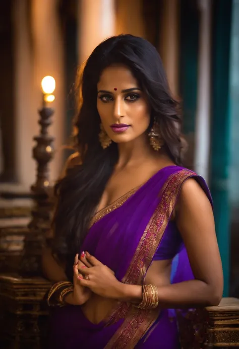 Poonam Pandey, wearing purple saree, capative looking, com roupas angelicais que cobrem todo o corpo, hands in prayer position, staring directly at camera