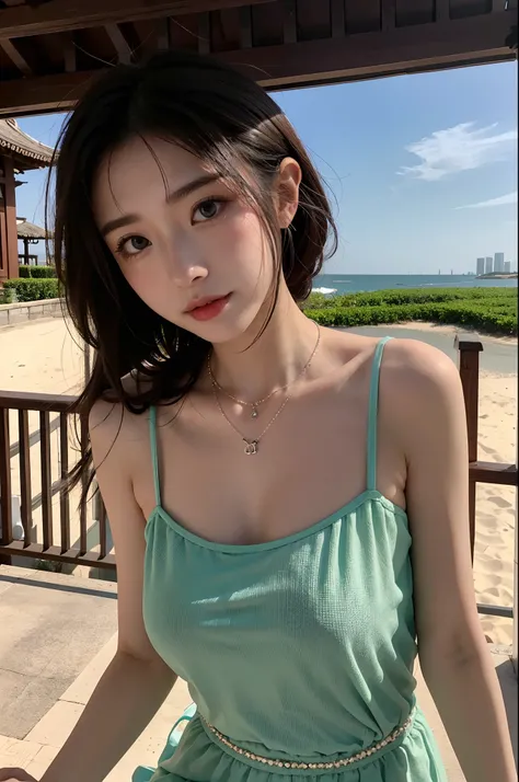 Best quality at best，Original，tmasterpiece，超高分辨率，Sweet girl，Draped with hair，Necklace necklace，camisole，medium boob，gazebo，beachside，healed