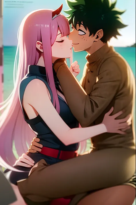 zero two, 1girl, zero two naked_shirt,vest_print:, izuku from bnha, izuku and zero two being a lovey dovey couple very affective in a beach, izuku with pants and pullover, love , happy, ,1girl,, ,sitting, standing, french kiss, kissing, 1boy, couple, husba...