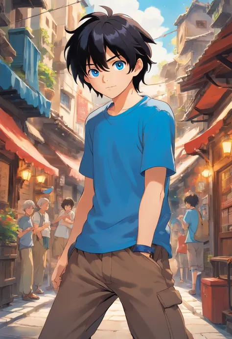 Messy black hair, blue eyes, 15 years old, birthmark on his right arm with a blue t-shirt and brown pants, bumping into someone