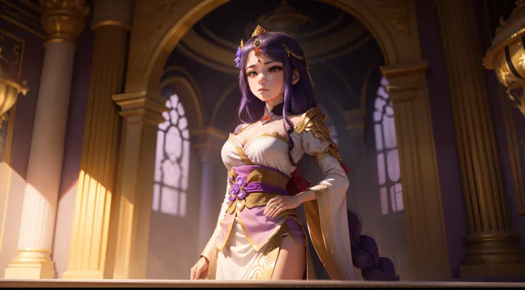 In the midst of a golden palace，Serious young princess deity，Look at the screen，Faraway view，Purple skirt