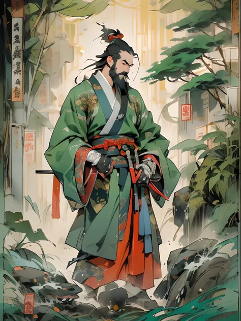 (((China-style，Ink painting method，Half-length portrait，Intense color，Han dynasty, China，Hanfu，Armor，Guan yu，Guan Yunchang，of a guy，Ruddy killing square face，Hold the Blue Dragon Moon Knife in his right hand，Stroke your beard with your left hand，Long hair，...