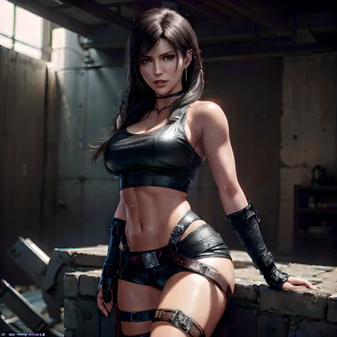 there is a woman in a leather outfit posing for a picture, Tifa Lockhart, ff Tifa, Charming Tifa Lockheart, tifa lockheart, alluring tipha lockhart portrait, lara croft, lara croft as spiderwoman, quiet from metal gear solid, quiet from metal gear solid v,...