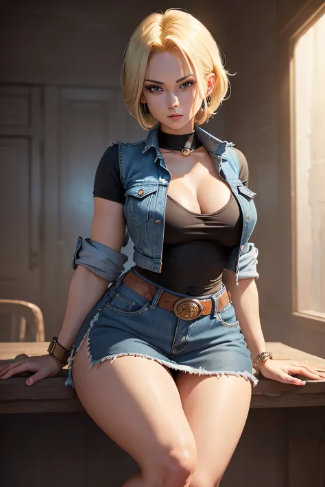 (cowboyshot: 1.2), (android_18, and18(dragonball z), (finely detailed beautiful eyes and detailed face), (Turn your face through your thighs: 1.4), (Knee shot: 1.2), Blonde hair, Solo, Lady, (Beautiful background), :), Dynamic Angle, Blue eyes, Bright face...