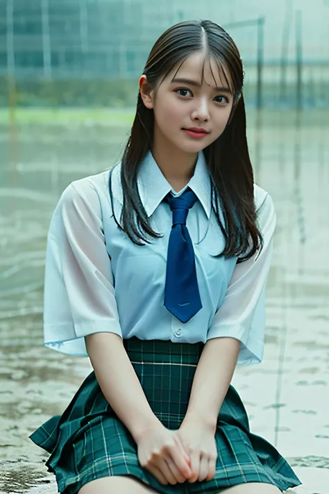 (((Draw only one woman: 2))), (Schoolyard in the rain:1.5), sit on a bench, (Blouses and skirts in school uniforms)、16-year-old woman with beautiful crying face, ((1screen)) , in 8K, RAW shot, top quality photo, ​masterpiece, Nice realistic photos, Anatomi...