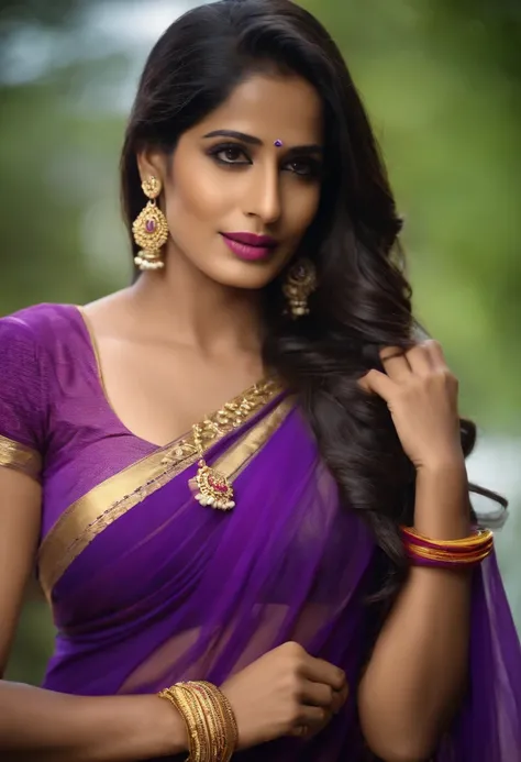 Poonam Pandey, wearing purple saree, capative looking, naposition