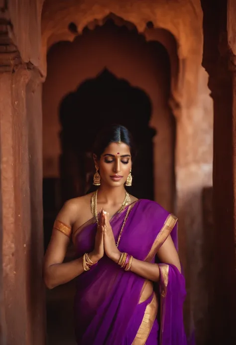 Poonam Pandey, wearing purple saree, capative looking, prayer 🙏🏻 hand joined for prayer