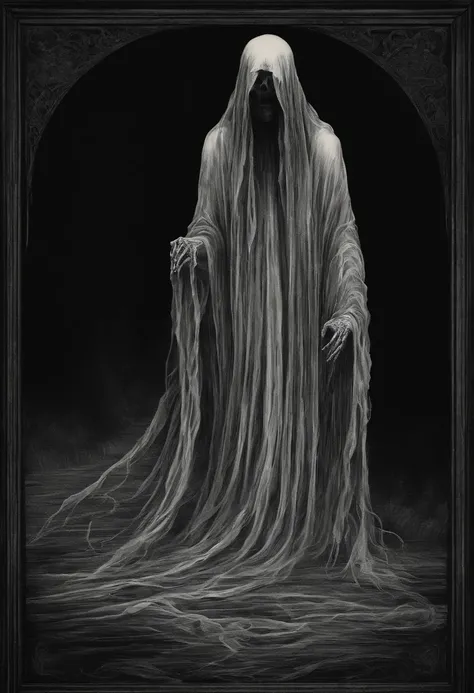 A forward facing ghost with a wispy flowing body, no defined face, centered in frame, black background