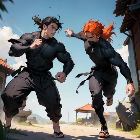 Battle scene between two 30-year-old ninjas with muscular orange hair and other black hair