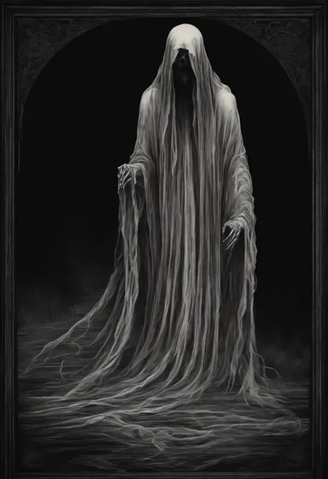 A forward facing ghost with a wispy flowing body, no defined face, centered in frame, black background