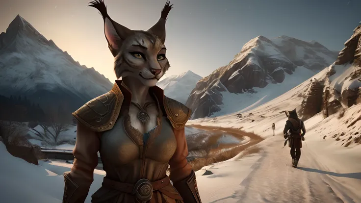 khajiit from "the elder scrolls", woman's, seductive fitness body, grey fur, lynx ears, walking, mountains, snow