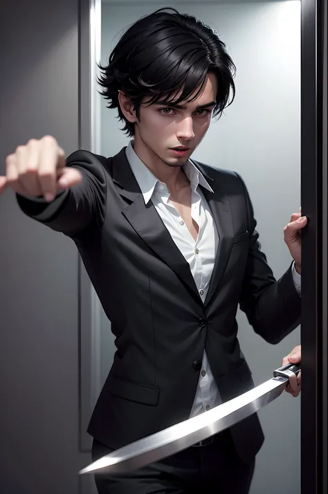 8K realistic solo image of a 25 year old man, short black hair, dressed in a black blazer and a white blouse underneath, attacking a person in a simple restroom, holding a knife, night scene