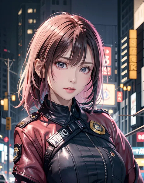 Portrait of Embhuhaiz, Beautiful face, in cyberpunk city at night. Wearing a pink leather open jacket,lingerie, Dramatic Lighting, (police badge:1.2).Sexy female policeman