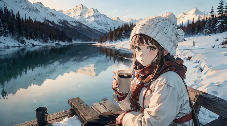 Winters,camp,early evening,Holding a mug of hot coffee in hand,Yuki,teepee,animesque,There is a lake,Exhale white,a beauty girl,knit hat,Red muffler、Brown in winter clothes、sitting on、high-level image quality