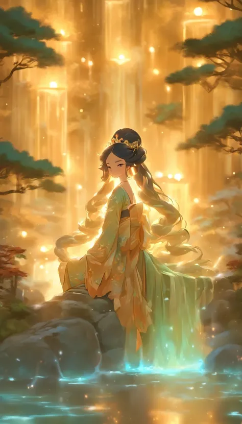 (Masterpiece, Best quality), 1girll(atenea_Asamiya Palace), Cute dress, Long black hair, Sitting, Beautiful outdoor background, Night, forest，highly detailed surreal vfx，China ink painting，water ink，ink，Smudge，downpours，Get wet，water，Jets of water surround...