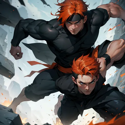 Battle scene between two 30-year-old ninjas with muscular orange hair and other black hair