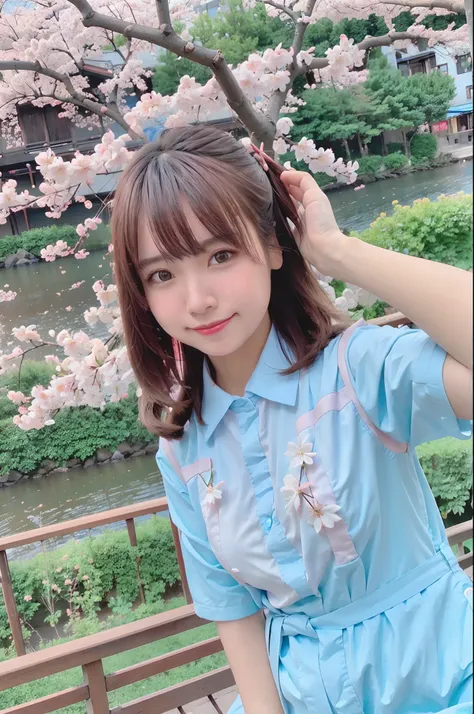 best quality, ultra high res, (photorealistic:1.4),blush,cute,(detailed face),light smile, 
looking at viewer,
upper body, japanese clothes, 
sunny,river,(cherry blossoms),blue sky,