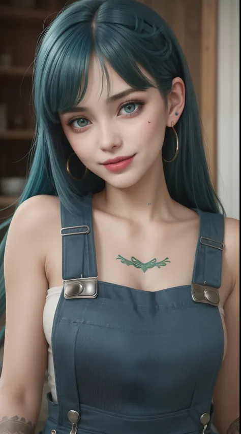 Face of brunette girl with blue hair, (Wearing overalls),fringe, green colored eyes, earrings, face tattoo,mouth with fleshy lips,, red lipsticks, smiling,super realistic 8K