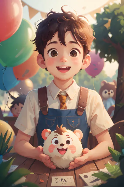 A boy, zoo, many balloons, happy, happy, perfect quality, clear focus (clutter - home: 0.8), (masterpiece: 1.2) (realistic: 1.2) (bokeh) (best quality) (detailed skin: 1.3) (intricate details) (8K) (detail eyes) (sharp focus), (happy)