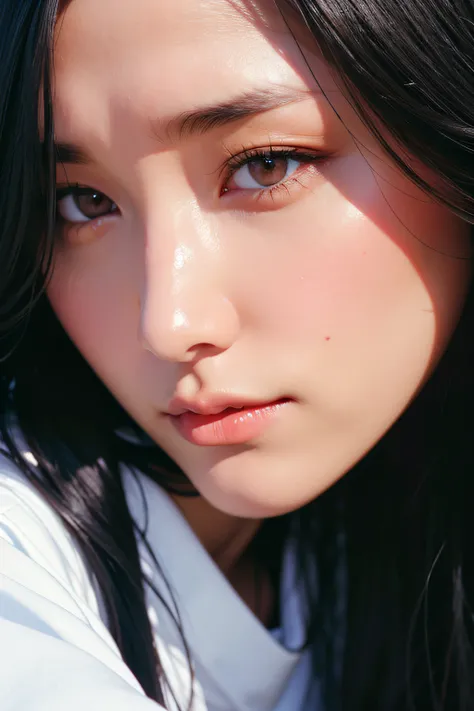 1 girl with long black hair, White skirt, Close-up of face