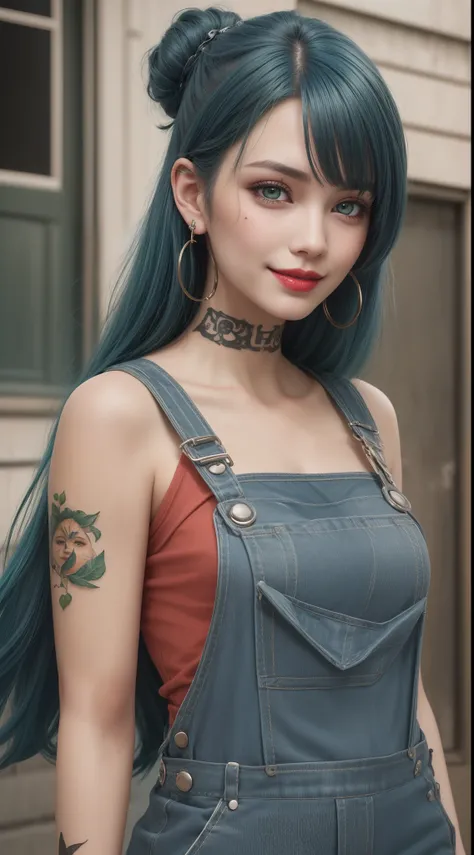 Face of brunette girl with blue hair, (Wearing overalls),fringe, green colored eyes, earrings, face tattoo,mouth with fleshy lips,, red lipsticks, smiling,super realistic 8K