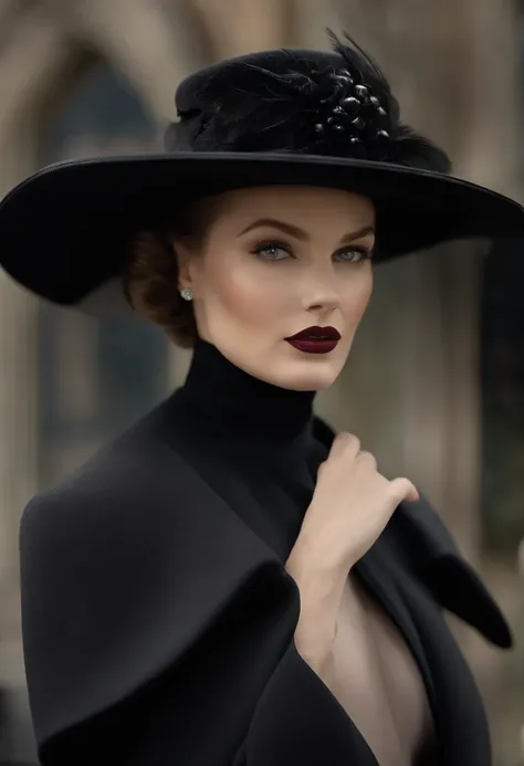 a model wears a black coat and a white hat, in the style of 32k uhd, rococo elegance, vintage-inspired designs, bold curves, ferrania p30, limited color range, English school, 1930s, England