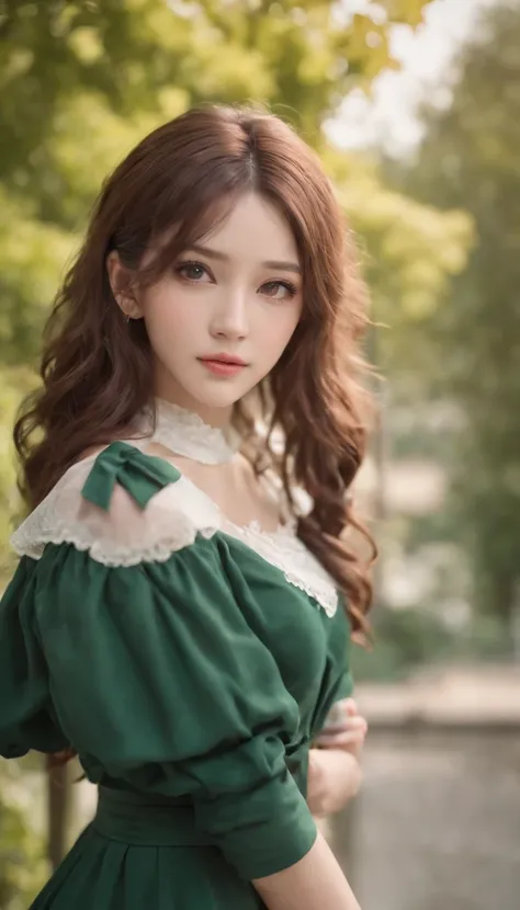 (Best quality, Ultra-detailed, Photorealistic:1.37), 3D anime style girl with green wavy curls, A girl with beautiful and delicate facial features and long eyelashes, Intense red eyes that reflect light, lusciouslips, Multi-colored crystal necklace, Black ...