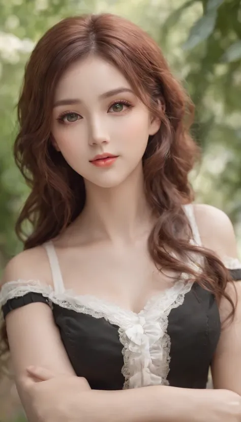 (Best quality, Ultra-detailed, Photorealistic:1.37), 3D anime style girl with green wavy curls, A girl with beautiful and delicate facial features and long eyelashes, Intense red eyes that reflect light, lusciouslips, Multi-colored crystal necklace, Black ...