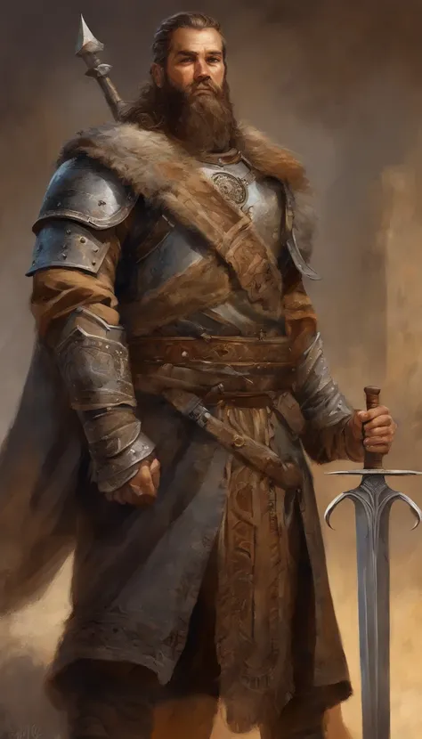 Um homem ruivo lorde de guerra com uma roupa marrom escuro com uma espada grande gigante, Personagem altamente detalhado, guerreiro viking, epic viking king, Ancient Scandinavian epic hero, musculoso de cabelos longos com tatuagem filipino deus da guerra, ...