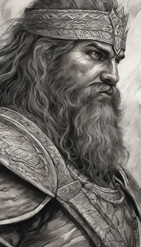 Um homem ruivo lorde de guerra com uma roupa marrom escuro com uma espada grande gigante, Personagem altamente detalhado, guerreiro viking, epic viking king, Ancient Scandinavian epic hero, musculoso de cabelos longos com tatuagem filipino deus da guerra, ...