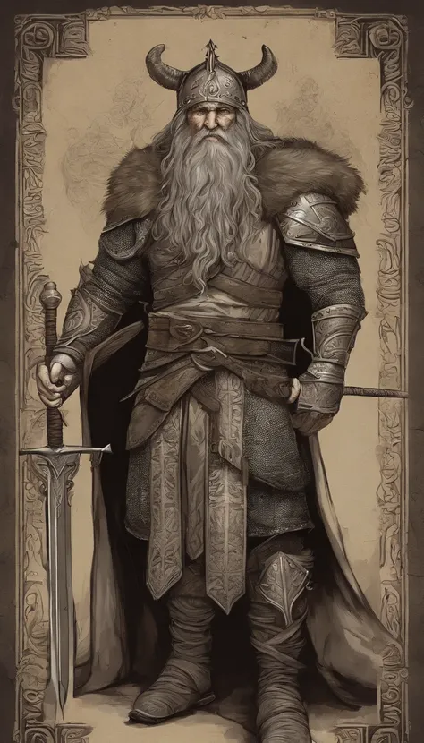 Um homem ruivo lorde de guerra com uma roupa marrom escuro com uma espada grande gigante, Personagem altamente detalhado, guerreiro viking, epic viking king, Ancient Scandinavian epic hero, musculoso de cabelos longos com tatuagem filipino deus da guerra, ...