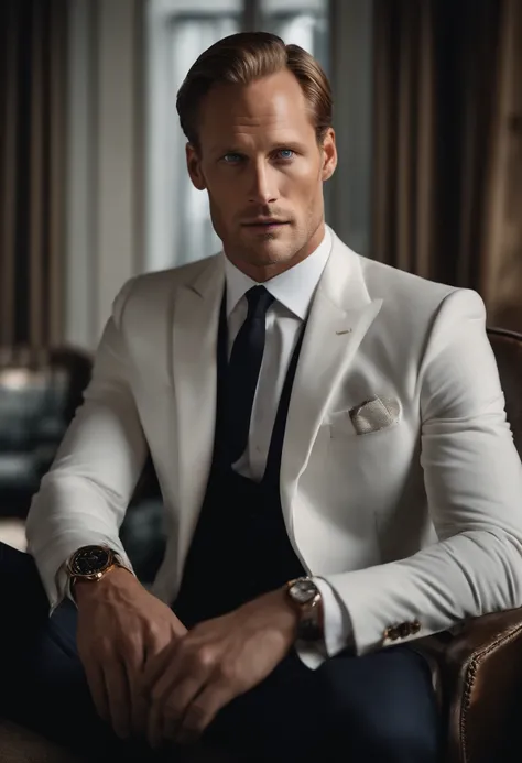 Alexander Skarsgård face lookalike, Filip Lamprecht face lookalike, A professional photographic image of A handsome business man sitting comfortably in the armchair, wearing a white sophisticated dark suit, looking directly at the camera, highlighting his ...