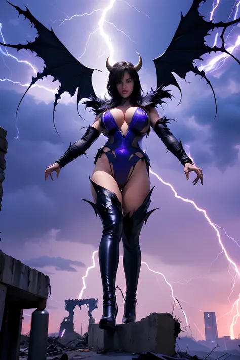 Lisa Ann as a hyper-giant, Hyper-powerful demon with a demon horn on its head and demon wings, and throws purple lightning bolts at a building, ville en ruine post apocalyptique,