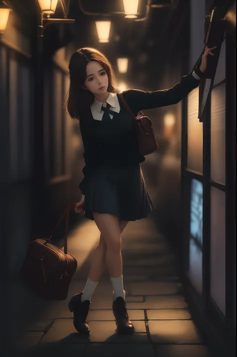 Craft an artistic image that tells a poignant story of a cute young lady in an official school uniform and a long skirt, bidding farewell to her friends on a night street. The street is adorned with a softly glowing streetlight, casting a gentle illuminati...