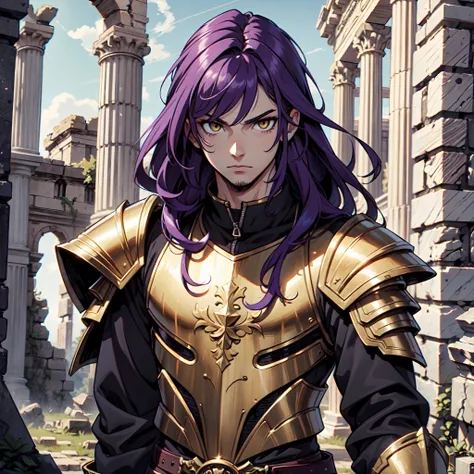 Ultra High Definition,
Ultra High Quality,
Hyper Definition,
Hyper Quality,
Hyper Detailed,
Extremely Detailed,
Perfectly Detailed,
Masterpiece,
8k,
1 Boy,
Anime,
Long Purple Hair,
Under Cut Hairstyle,
Solid Yellow Eyes,
Handsome,
Armored With Roman Empero...