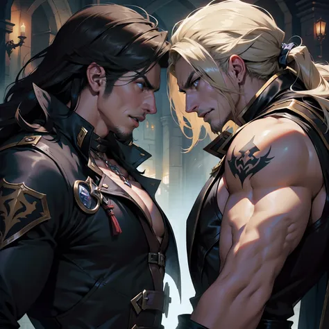 Castlevania Battle Scenes Shadow Lord Hyper Realistic Super Detailed Two Lords Confronting Each Other Hyper Realistic Super Detailed Faces Hyper Realistic Super Detailed Poses Muscular Men Master Piece Scene