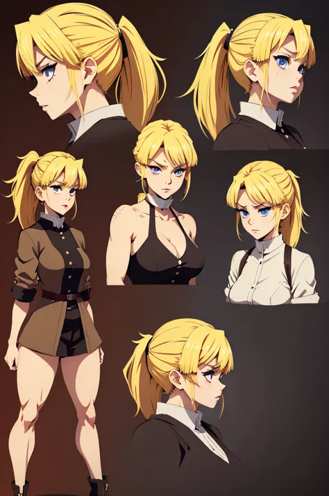 anime blonde gird with ponytail, with eyes that despise you, character sheet, different poses, game props