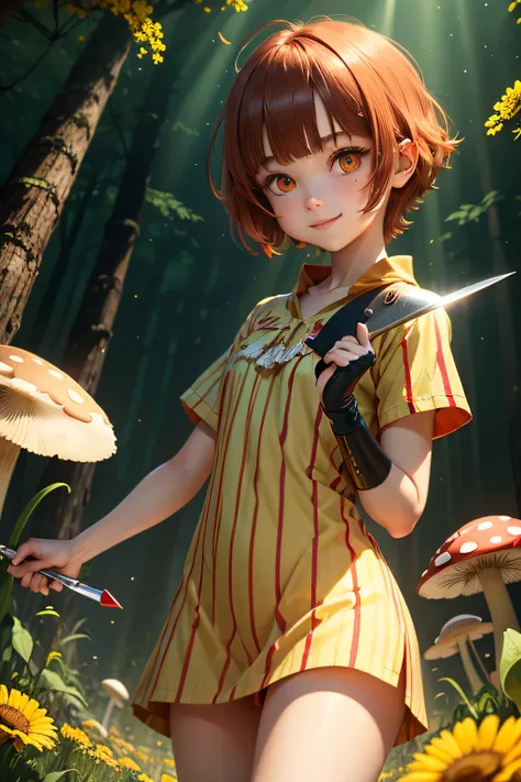 Red Eyes, girl, Holding a knife, yellow-green striped shirt with thick stripes, Red eyes glowing red, Head Tilted, mushroom head with short brown hair, With a clear smile on his face, chara, quadratic element, Stand among golden flowers with rays overhead