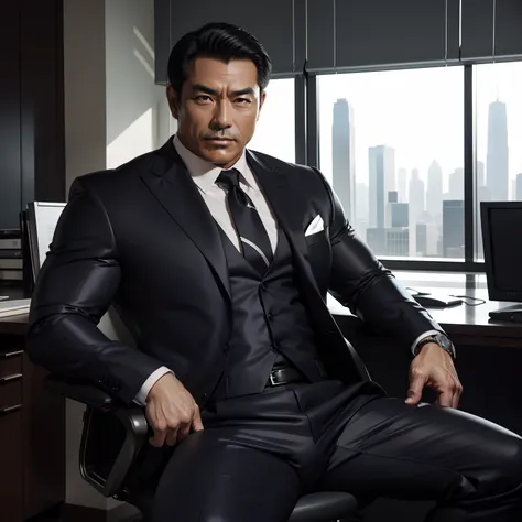 50 years old,daddy,shiny suit sit down,k hd,in the office,muscle, gay ,black hair,asia face,masculine,strong man,the boss is sit...